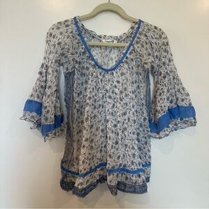 Poupette St Barth Womens floral top blouse flowy tunic white blue gauzy shirt OS